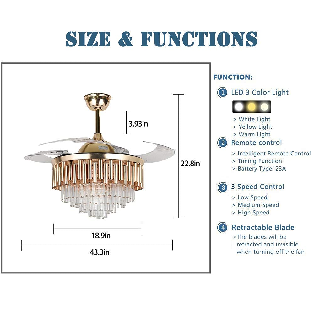 Fandian Crystal Ceiling Fan with Light Remote Control Fandelier, Modern Retractable Luxury Chanmdeliers Fan with 3 Color Change LED Light 3 Speed