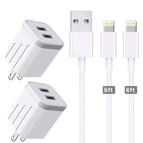 CNANKCU iPhone Charger Double USB MFi Certified Cable (6/6FT) with 2 Port Wall Charger Adapters (4-Pack) Fast Charging Block Power Plug Compatible