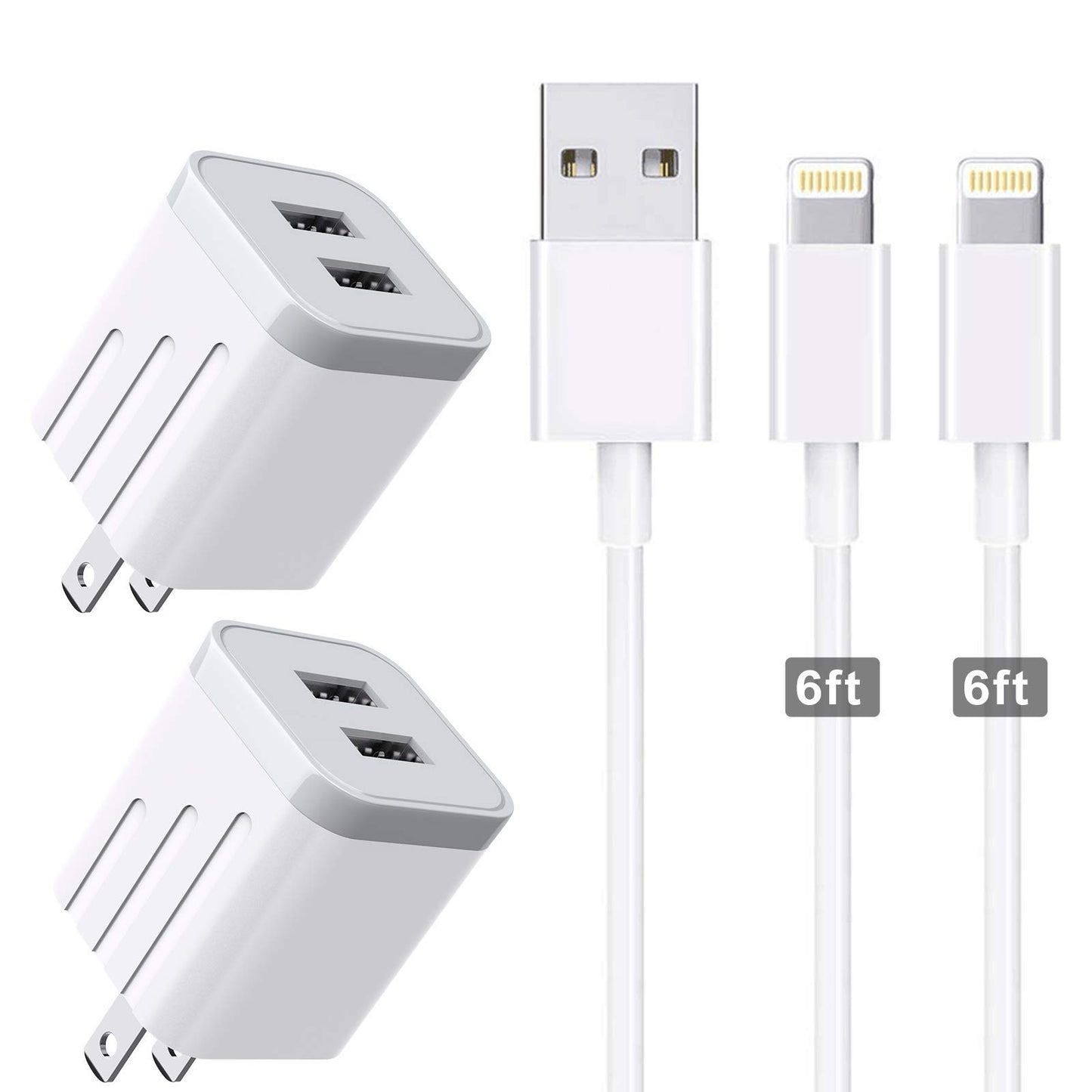 CNANKCU iPhone Charger Double USB MFi Certified Cable (6/6FT) with 2 Port Wall Charger Adapters (4-Pack) Fast Charging Block Power Plug Compatible