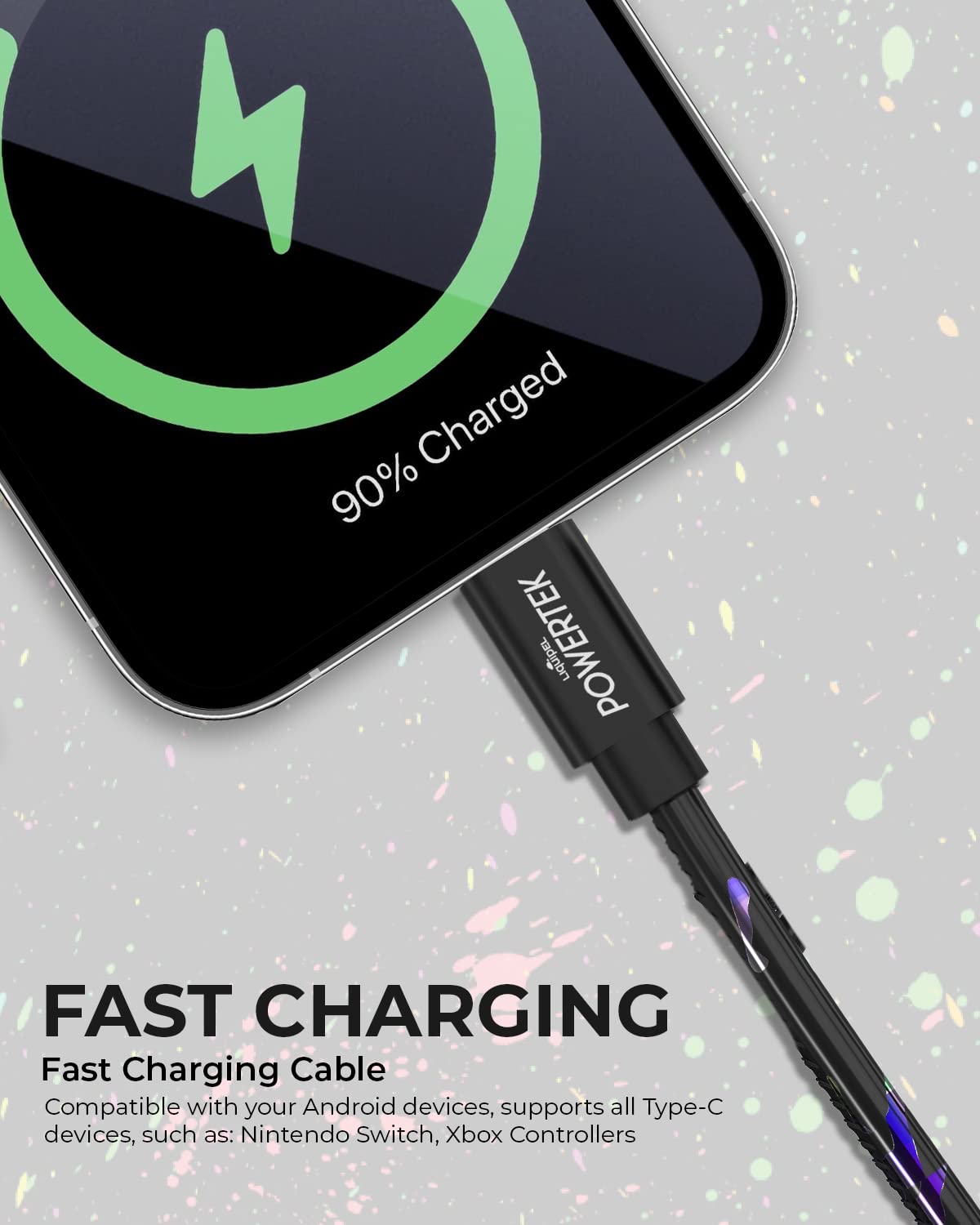 LIQUIPEL Powertek Type-C Fast Charger Cable, 6ft USB-C for Galaxy, Note, Tab, MacBook, Neon Party (Black)
