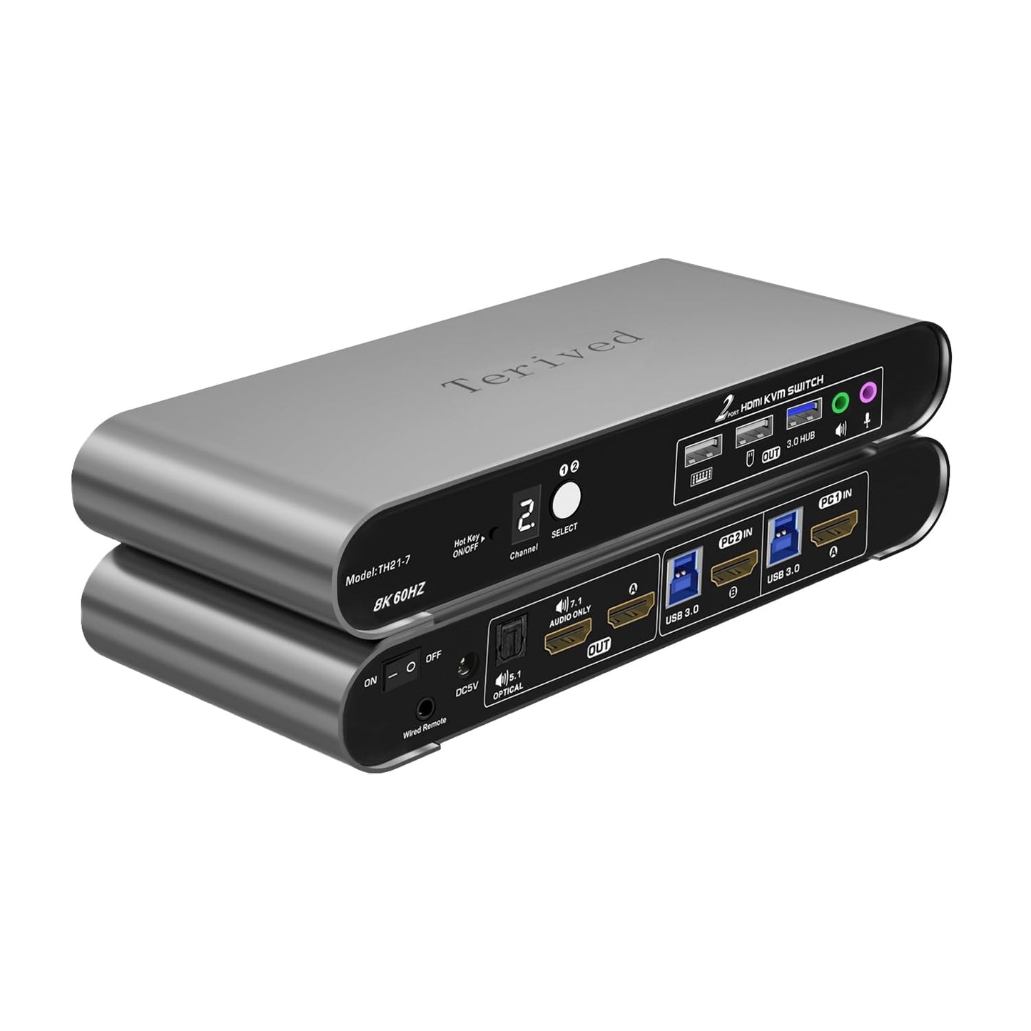 Terived 2 Computers 1 HDMI Monitor Automatic KVM Switch 8K@60Hz, Hotkey Switching, EDID, Support 5.1/7.1 Audio and Microphone, Aluminum Shell