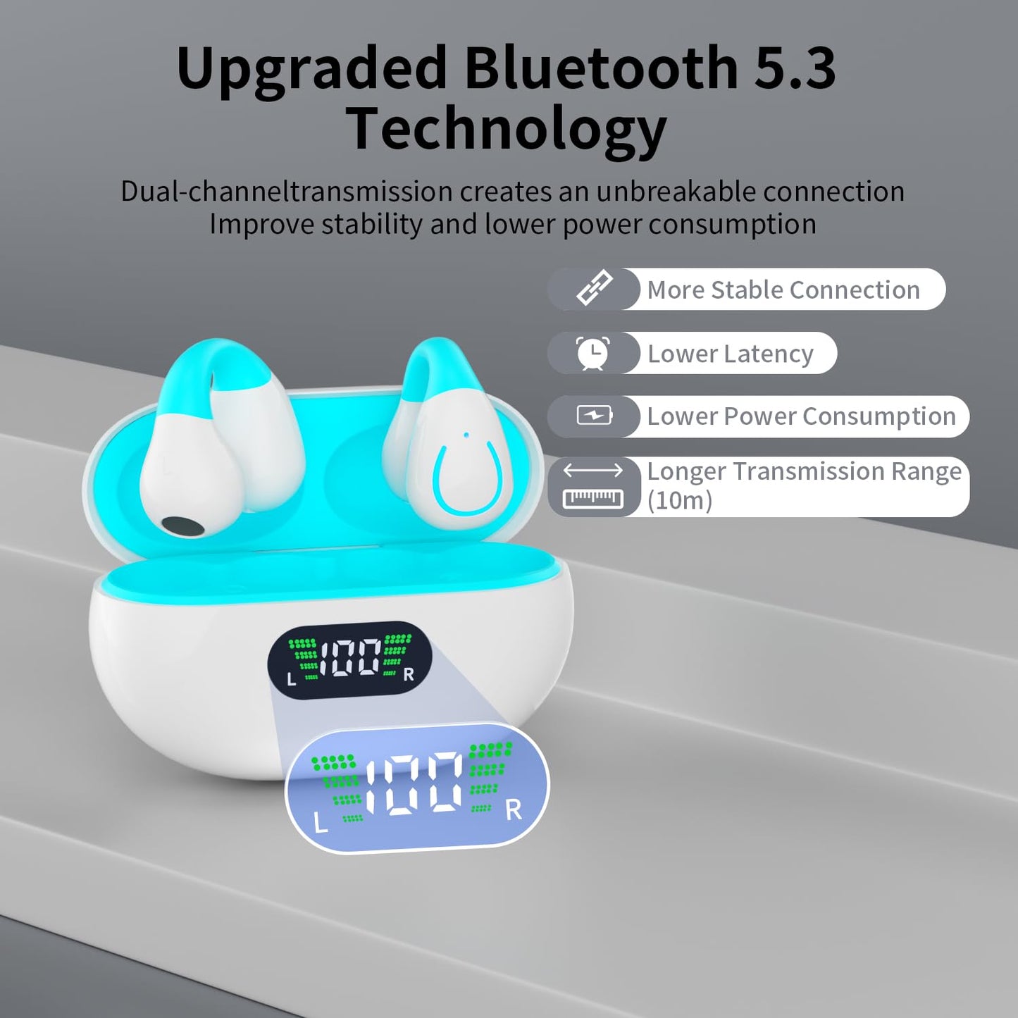 Open Ear Bone Conduction Headphones Bluetooth 5.3Wireless Clip On Earbuds with Digital Display Charging Case 60 Hours Playtime Sport Earphones