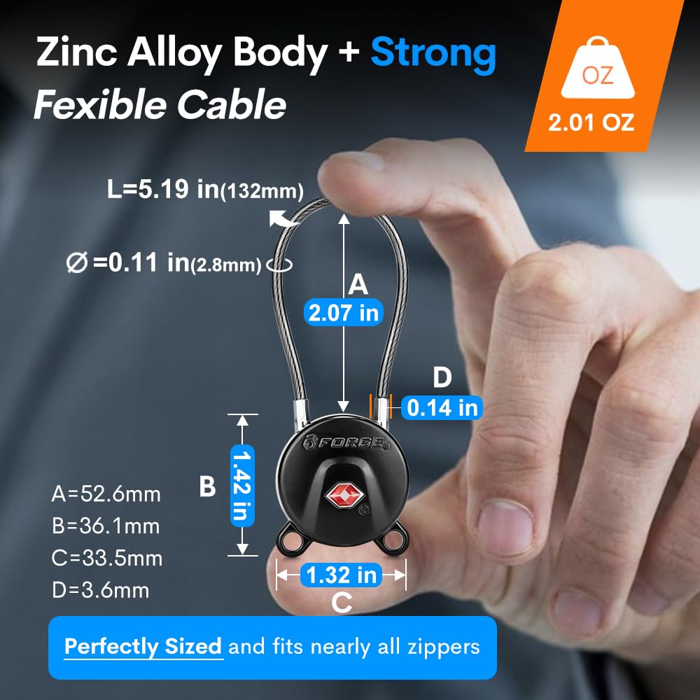 Forge TSA Approved Luggage Locks – Ultra Secure TSA006 Dimple Key Travel Padlocks with Zinc Alloy Body, 2 Pack Cable Locks (Black)