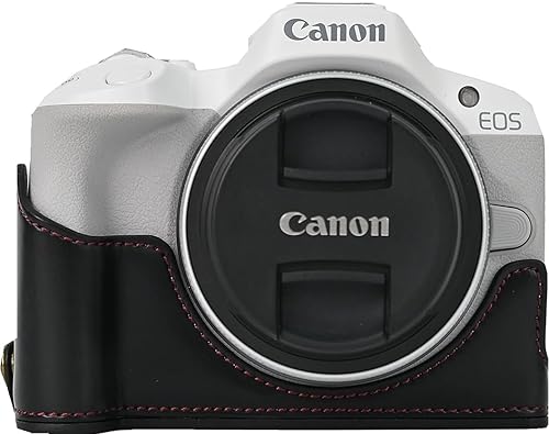 R50 Case, BMAOLLONGB Handmade PU Leather Half Camera Case Bag Cover Bottom Opening Version for Canon Eos R50 with Hand Strap (Black)