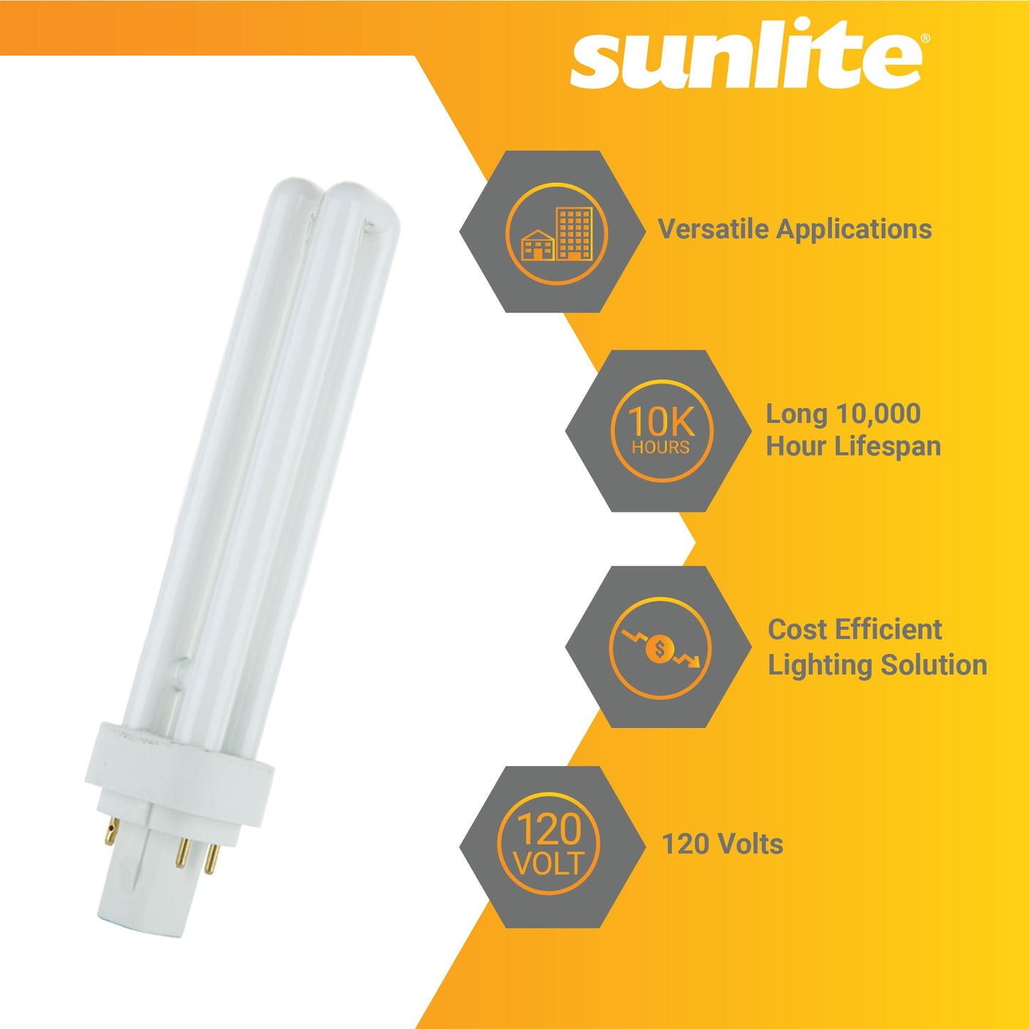 Sunlite Compact Fluorescent PLD 4 Pin Double U-Shaped Twin Tube Light Bulb, 26 Watts, 120 Volts, 4 PinG24q3 Base, 1560 Lumens, 3500K Neutral White, 10
