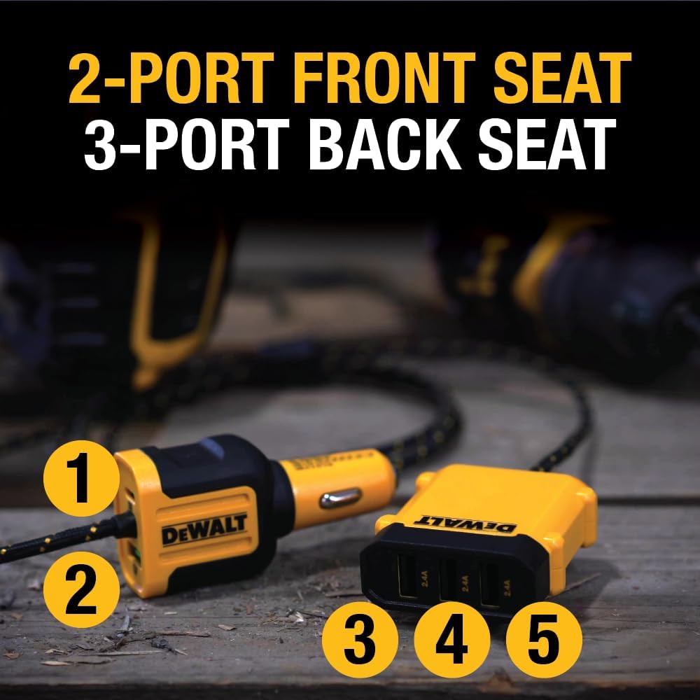 DEWALT Heavy Duty 72W 5 Port USB Car Charger Multiport, iPhone 16 Multi USB Car Charger, Fast Charge PD & QC3.0 Cigarette Lighter Adapter w/ 6FT