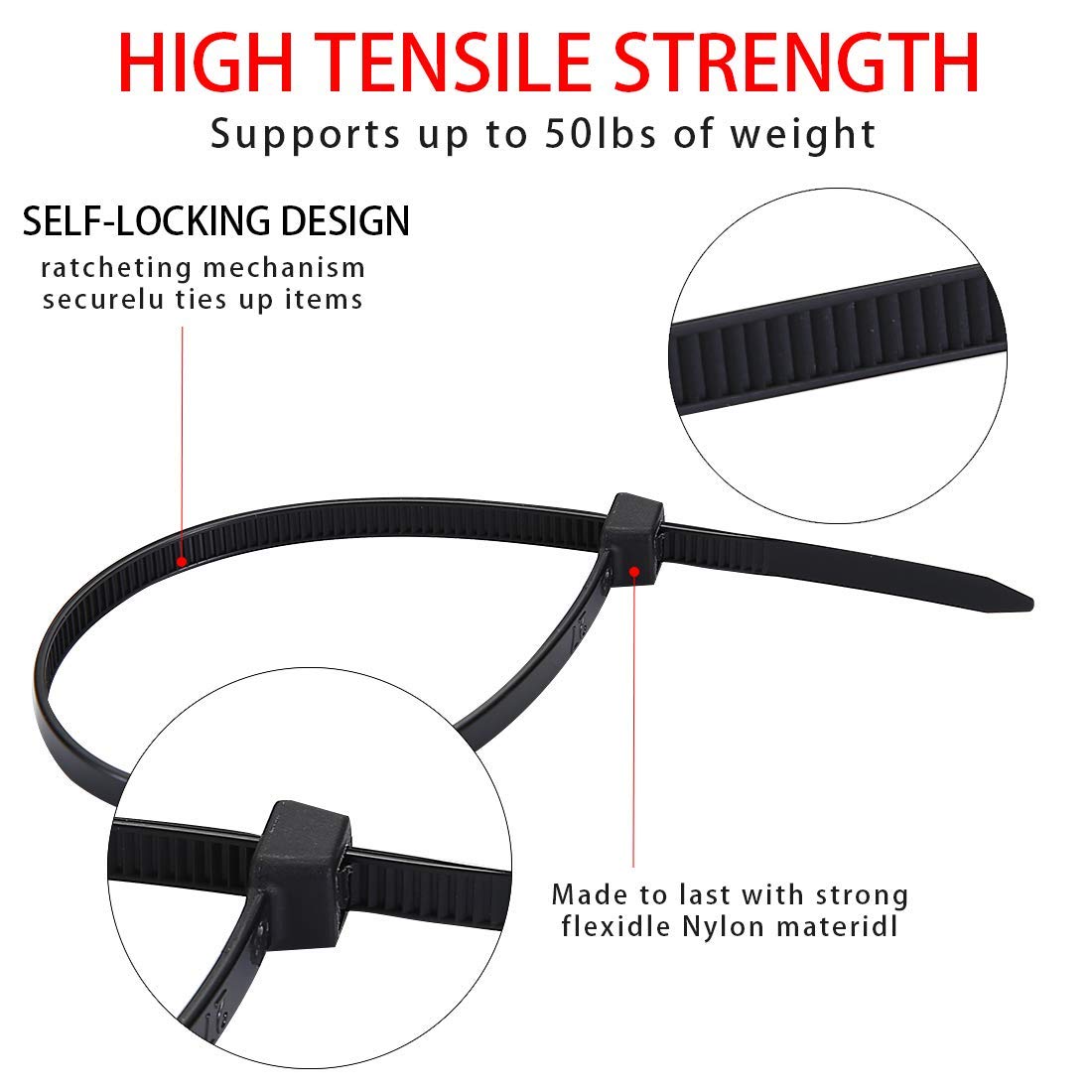 Axgo 100 Piece Multi-Purpose 12 Inch Nylon Self Locking Cable Ties, Black