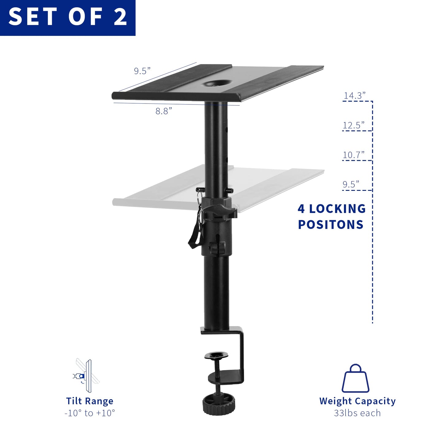 VIVO Clamp-on Speaker Stand Desk Mount Set, 10 x 9 inch Trays, Height Adjustment and Tilt, Universal Audio Holders for Computer and Bookshelf