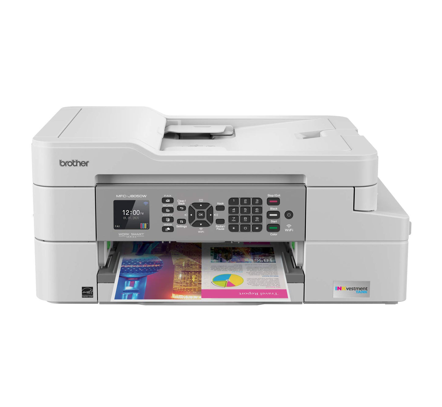 Brother MFC-J805DW INKvestmentTank Color Inkjet All-in-One Printer with Mobile Device and Duplex Printing with Up To 1-Year of Ink In-box, White, one