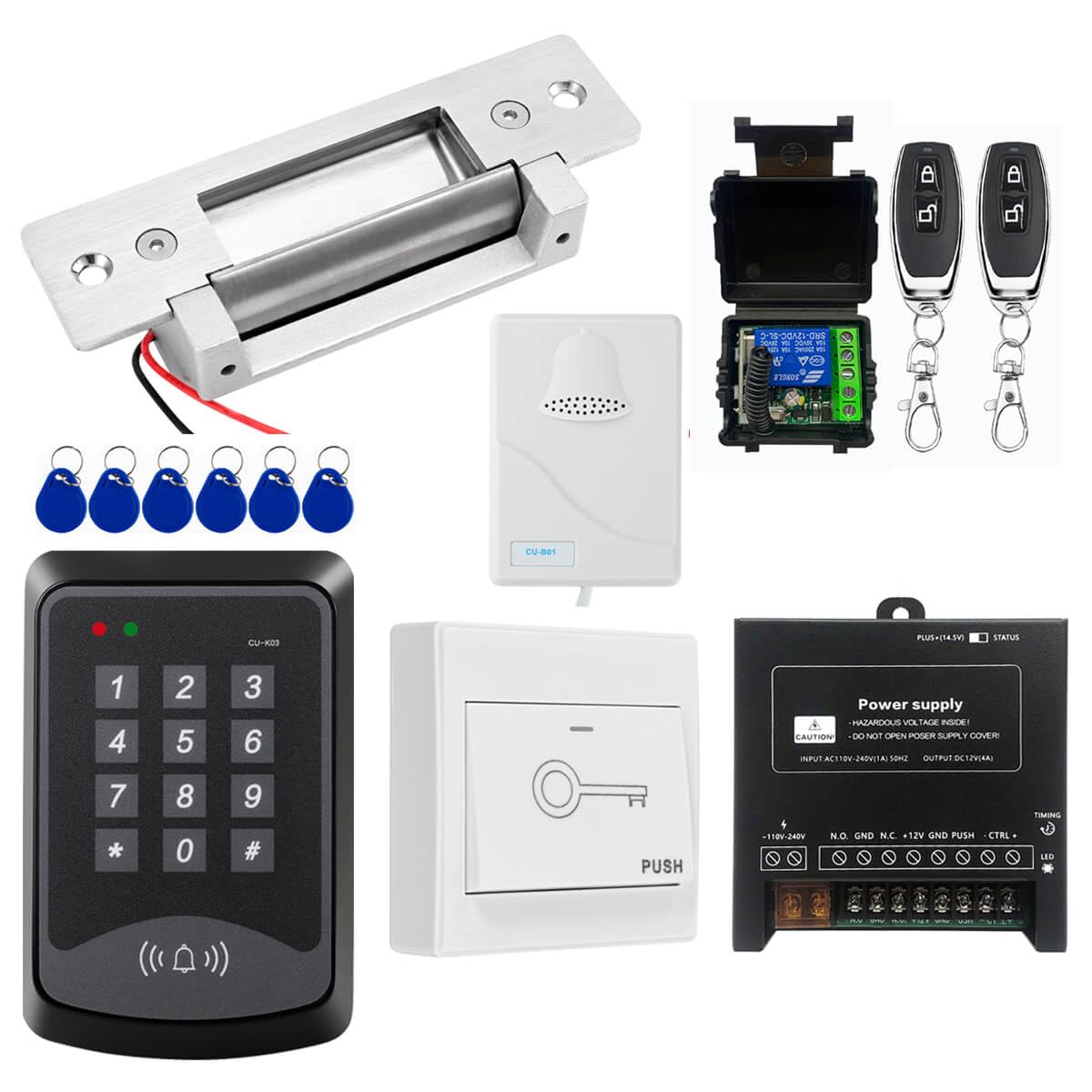 Door Access Control System RFID Keypad Electric Strike Lock Kit with Exit Button Doorbell Chime Remote Control