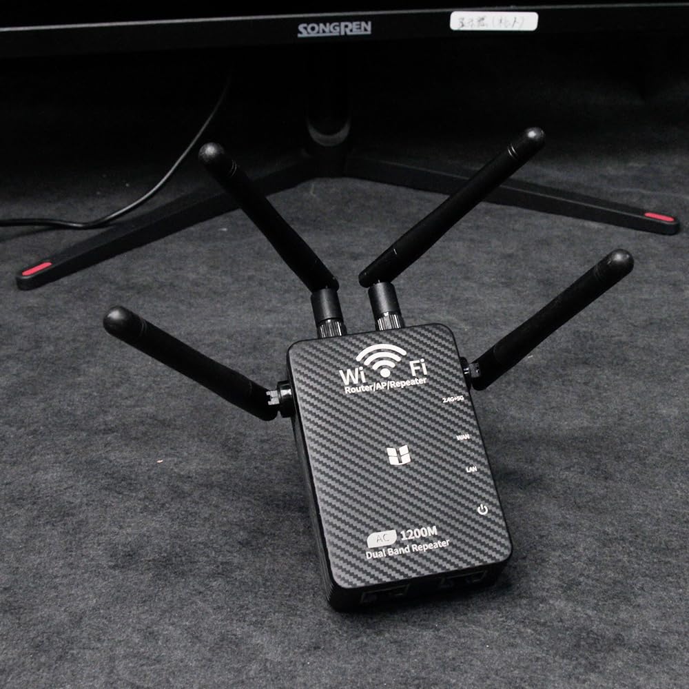Fangweida Dual Band WiFi Repeater, 1200M Router with 4 Antennas, Carbon Fiber Design, Black