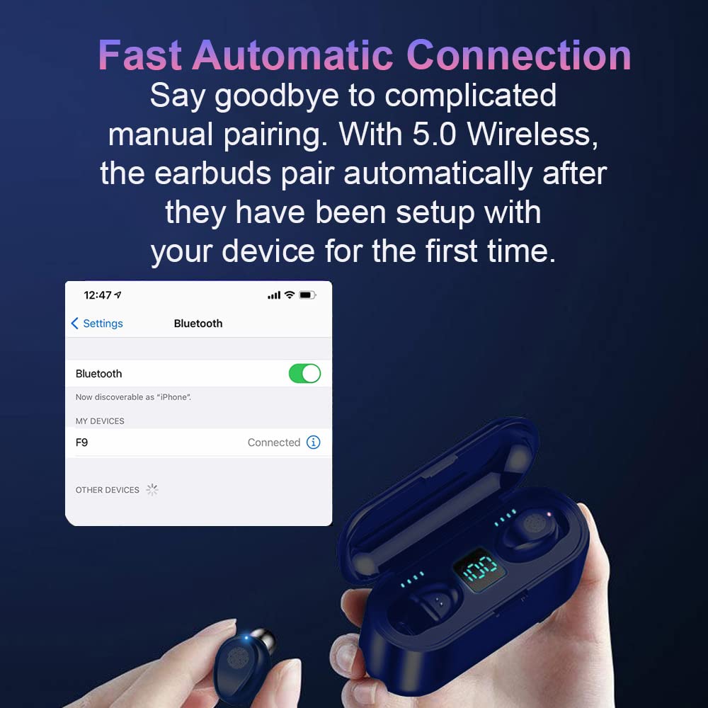 eDealz Fully Wireless Bluetooth 5.0 Rechargeable IPX7 Waterproof Earbud Headphones w Microphone, 2000mAh USB Smart Dual Charging Case/Stand Surround…