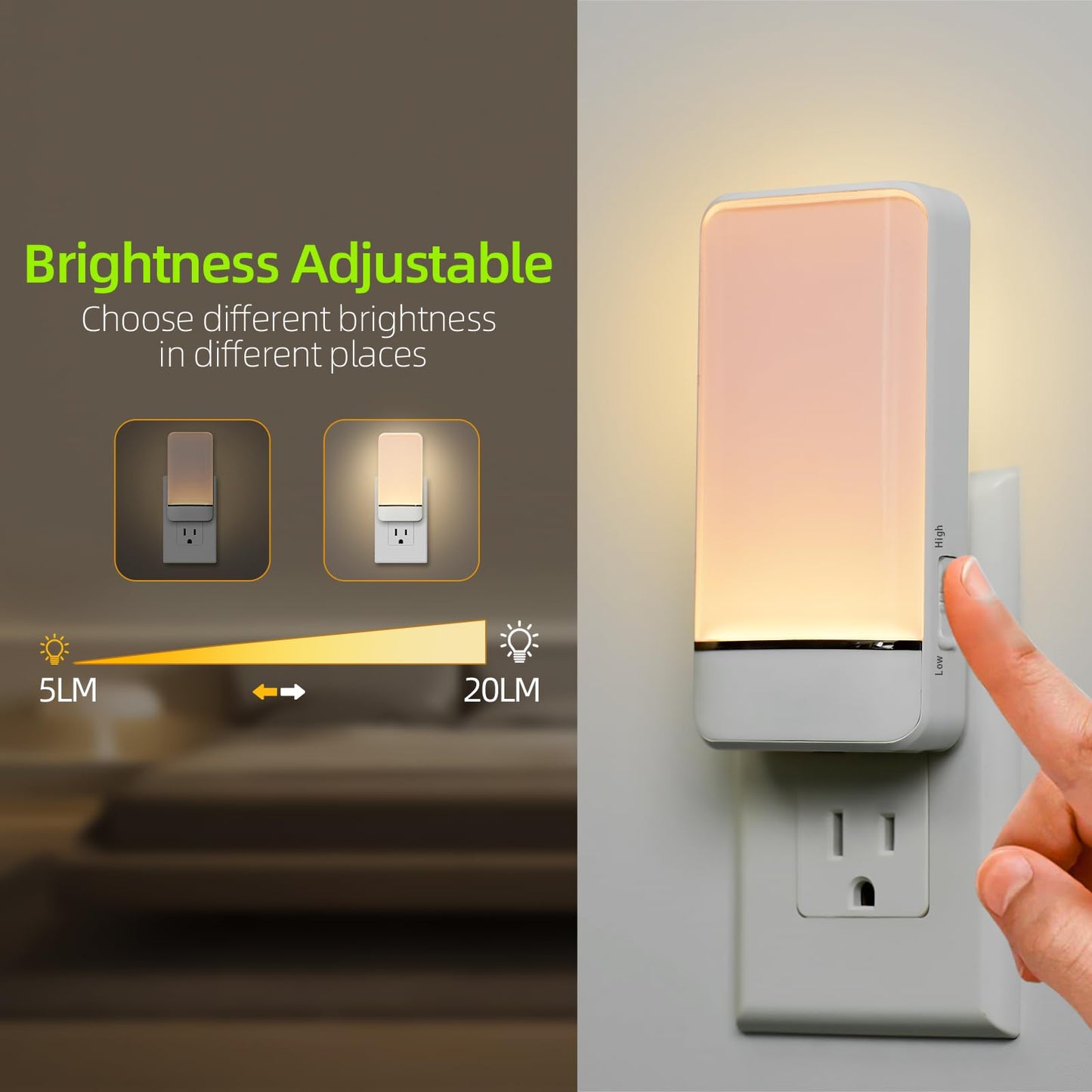 Dawnrise Night Lights Plug into Wall, Invisible Motion Sensor Night Light, Soft Warm or Cool White Selectable, Brightness Adjustable, LED Night Lights