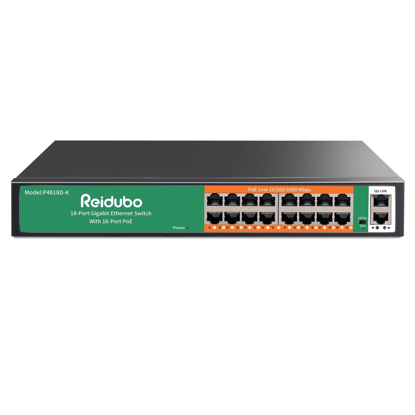Reidubo 18 Ports Gigabit PoE Switch,16 Port Gigabit PoE+ Network Switch with 2 Uplink Gigabit Ports, 250W, Unmanaged, 19-inch Rackmount, Fanless Quiet