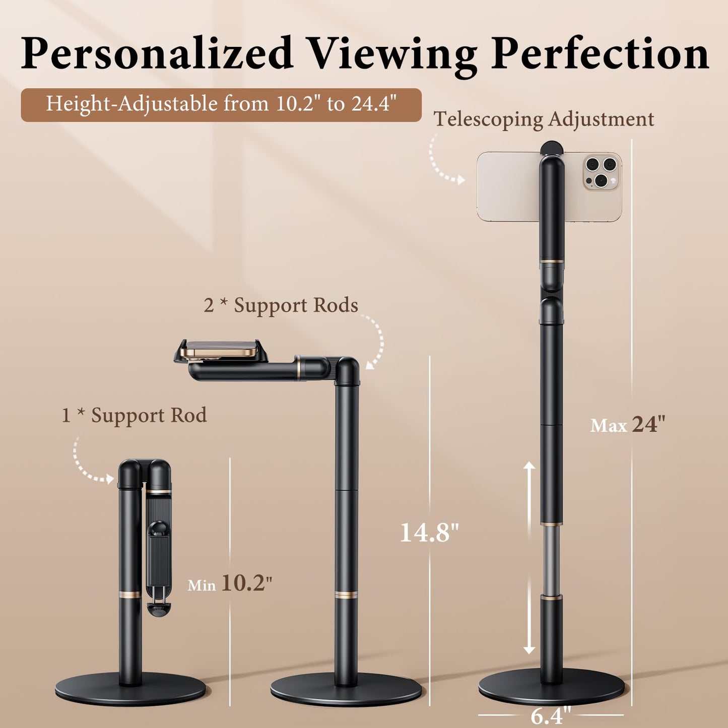 WISFISSH Height/Angle Adjustable Phone Holder, 10"-25" Retractable Tall Phone Stand for Desk,720°Rotatable+180flip Phone Holder Stand for Video Calls