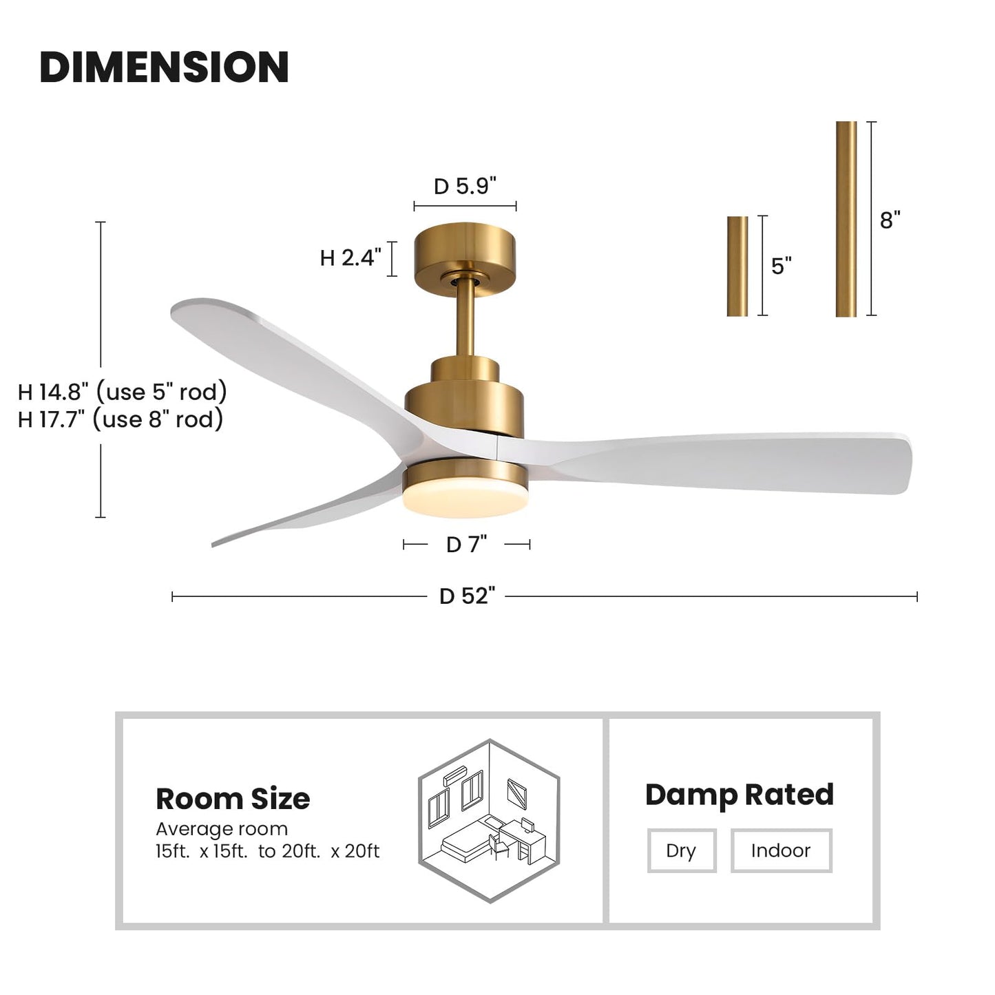 CROSSIO Modern Ceiling Fan with Lights, Gold-White, 52' x 52' x 14.8', 3 Blades, DC, Reversible, Dimmable LED, Remote Control, Indoor, 6 Speeds
