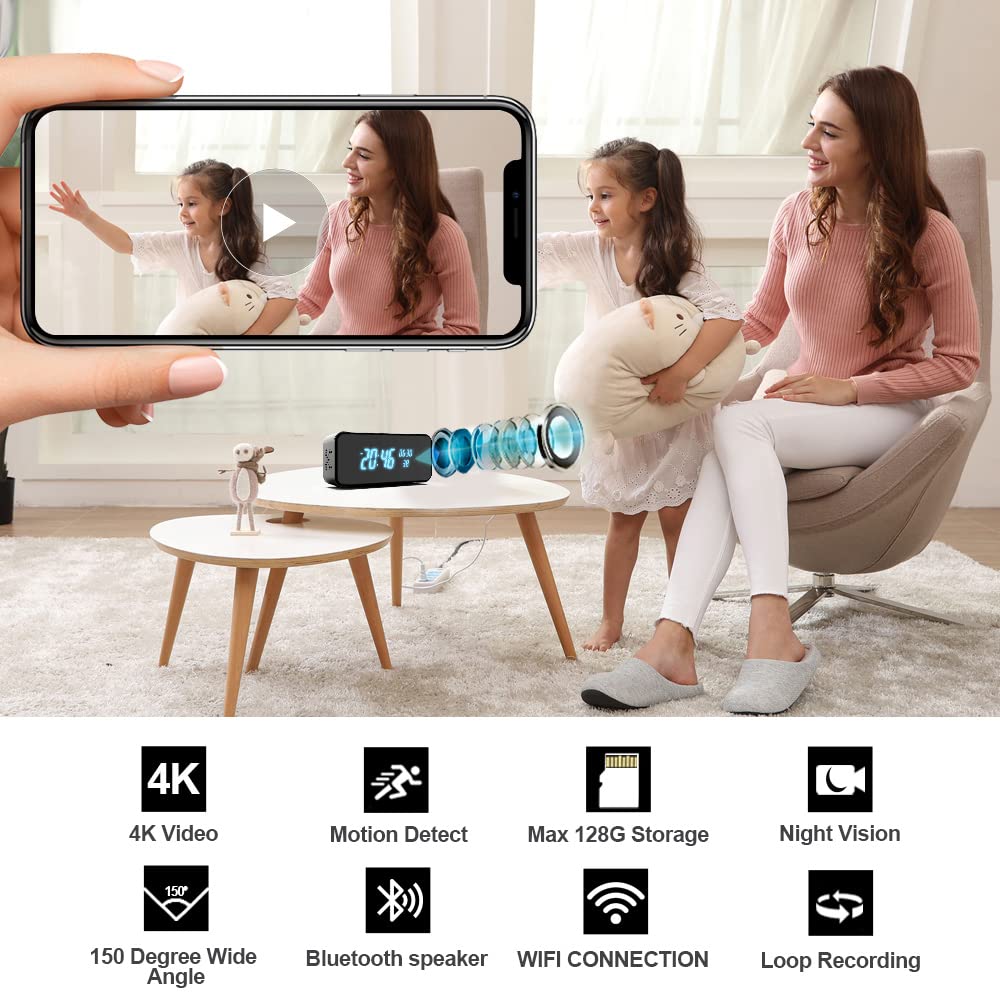 Wireless 4K Full HD Security Mini Camera, 3-in-1 Nanny Cam with Alarm Clock & Bluetooth Speaker, Clear Night Vision & Motion Detection Alarm, APP