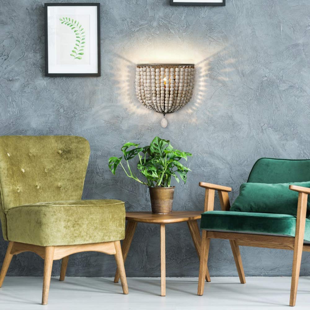 Newrays Vintage Wood Bead Wall Lamp Gray White Finishing Retro Antique with Hard Wired for Bedroom Fixtures