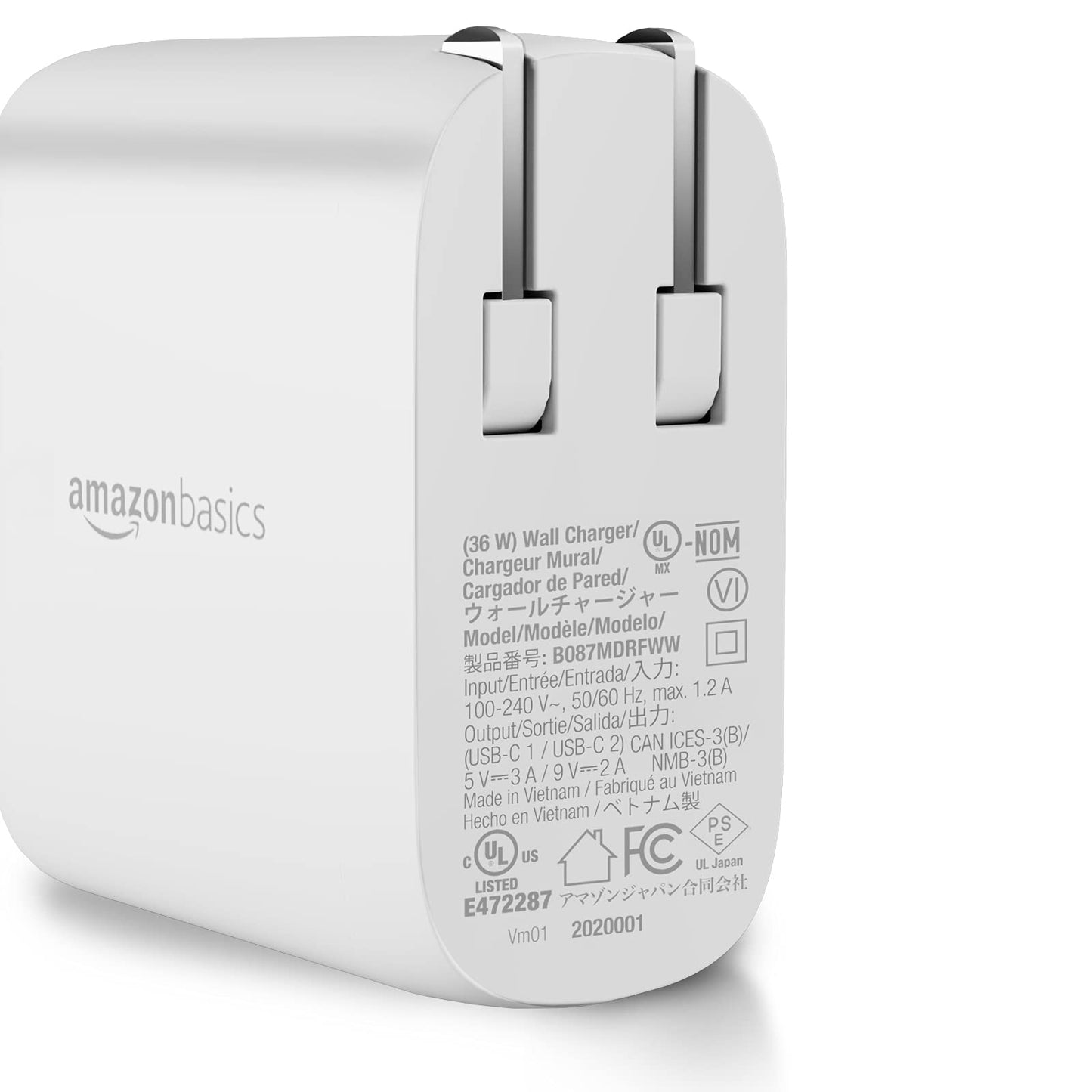 Amazon Basics 36W Dual Port USB-C Wall Charger with Power Delivery, Foldable Plug, for Tablets and Phones, Apple Watch, White, 2.34 x 1.09 x 2.21 in