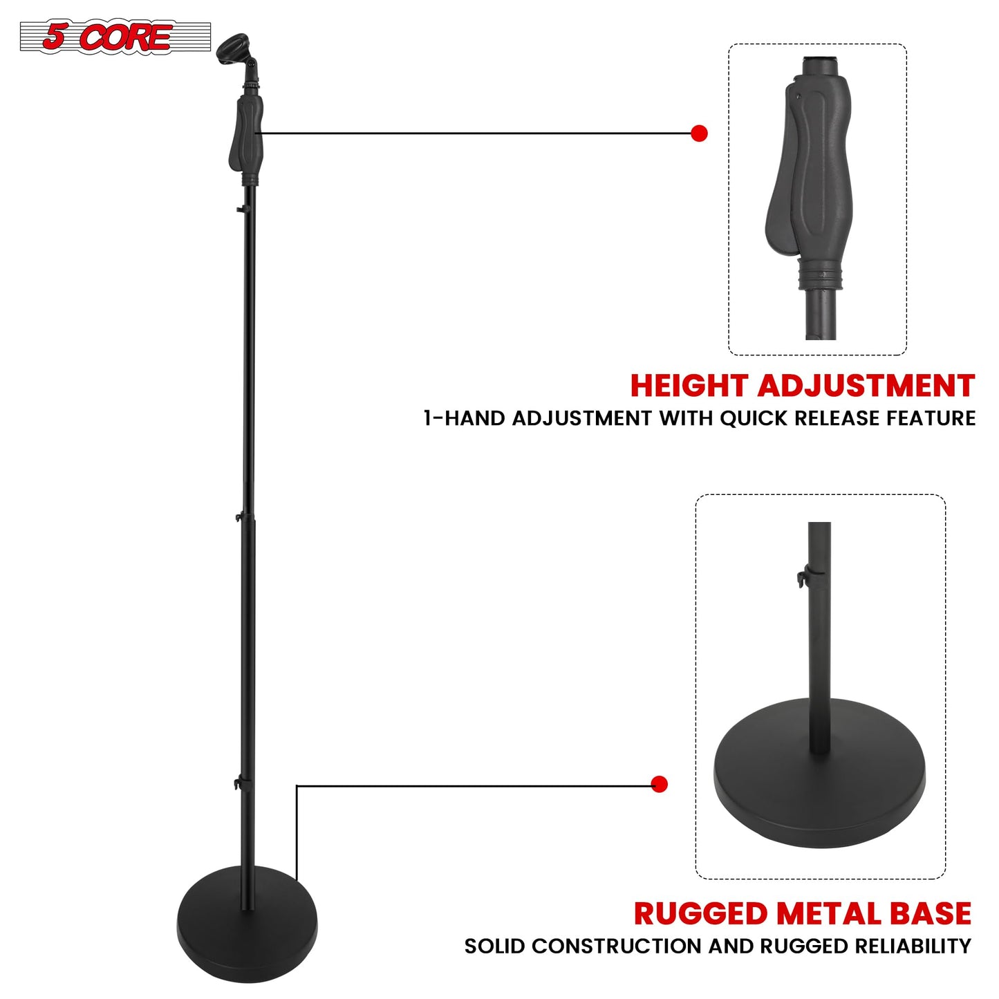 5 Core Microphone Stand Universal Floor Height Adjustable 35 to 57" Round Base Quick Setting Lock-Tight Knob w 5/8 Thread Adapter 2 Mic Holder 3 Wire