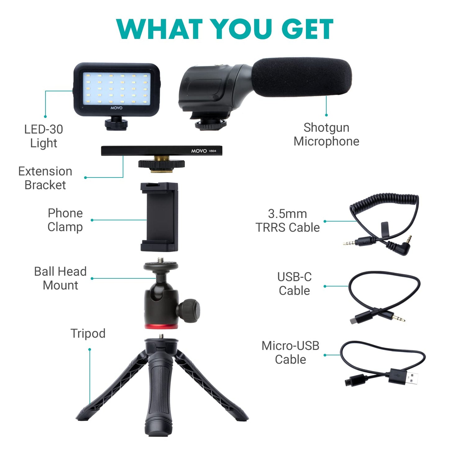 Movo uVlogger- Android/USB-C Compatible Vlogging Kit Smartphone Video Kit Accessories: Tripod, Mount, LED Light and Cellphone Shotgun Microphone