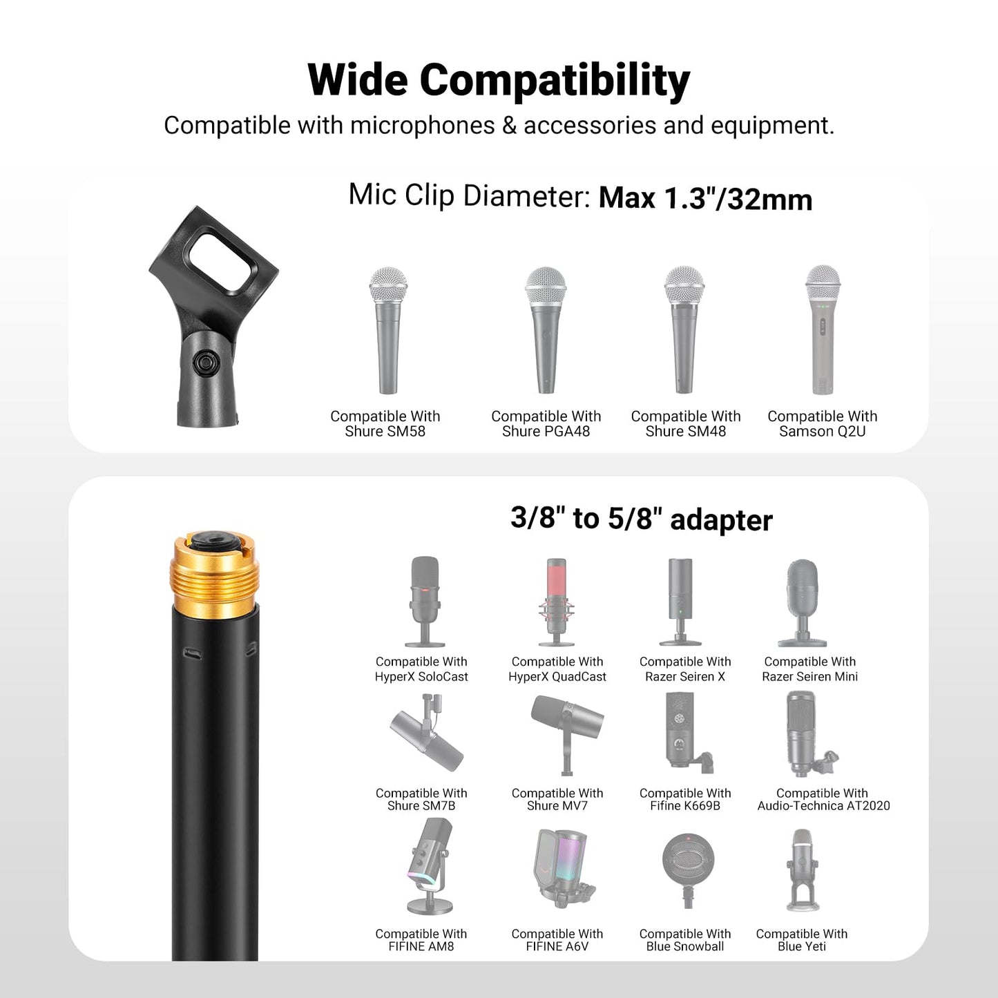 NEEWER Desk Microphone Stand, Adjustable Table Top Mic Holder Mount with Clip and 3/8" to 5/8" Adapter Compatible with Blue Yeti Snowball HyperX