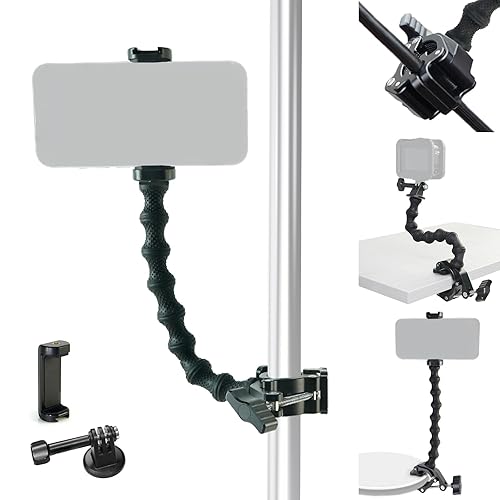 FIFIELD Gooseneck Phone Clamp Mount with Super Clamp - 360° Adjustable Phone Stand Compatible with iPhone 16-6, 360 Action Camera & 0.7-2" Devices