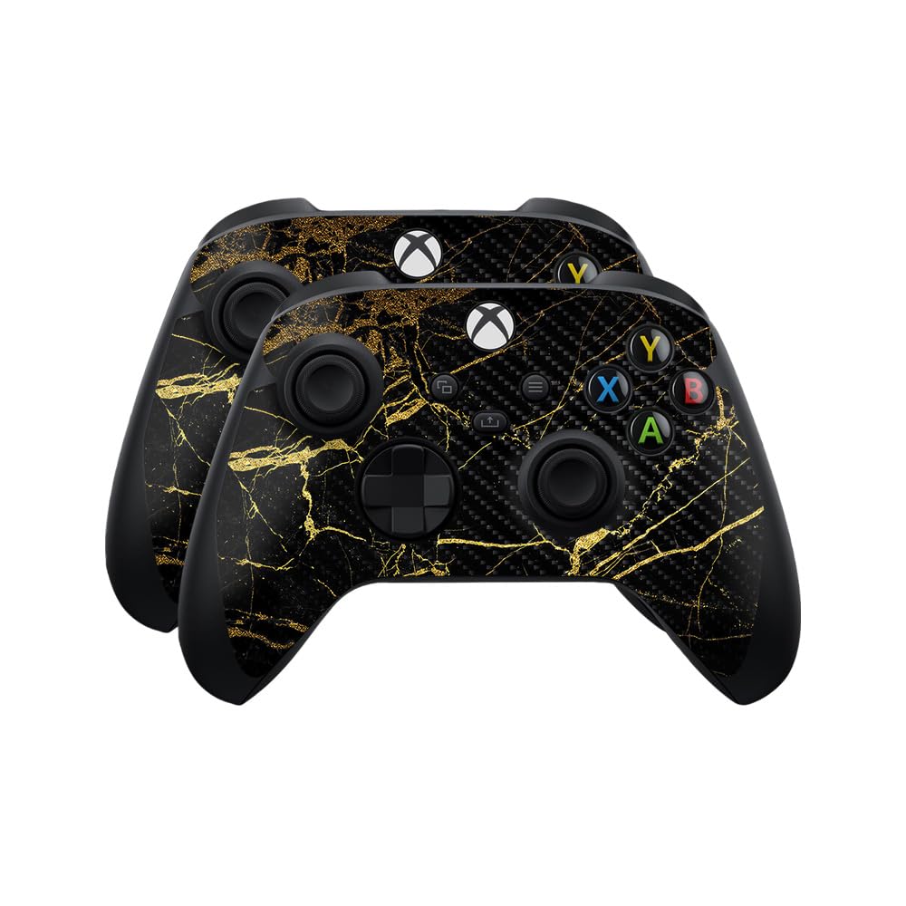 Carbon Fiber Skin Compatible with Microsoft Xbox Series X|S Controller (2 Pack) - Black Gold Marble - Premium 3M Vinyl Protective Wrap Decal Cover