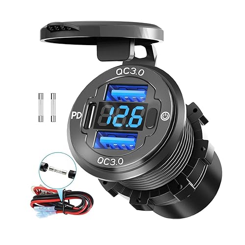 78W Triple-Port 12V USB Outlet with Voltmeter & Switch - PD3.0 & Dual QC3.0 Quick Charge Car Charger Socket, Aluminum Alloy Waterproof USB C Port