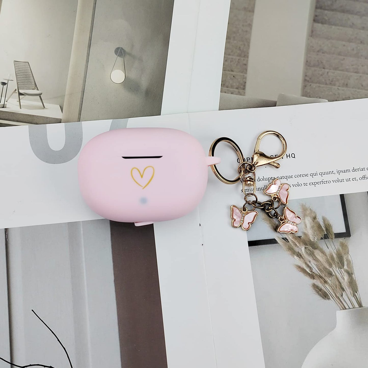 AIIEKZ Compatible with Beats Studio Buds 2021, Soft Silicone Case with Gold Heart Pattern for Beats Studio Buds Case with Cute Butterfly Keychain