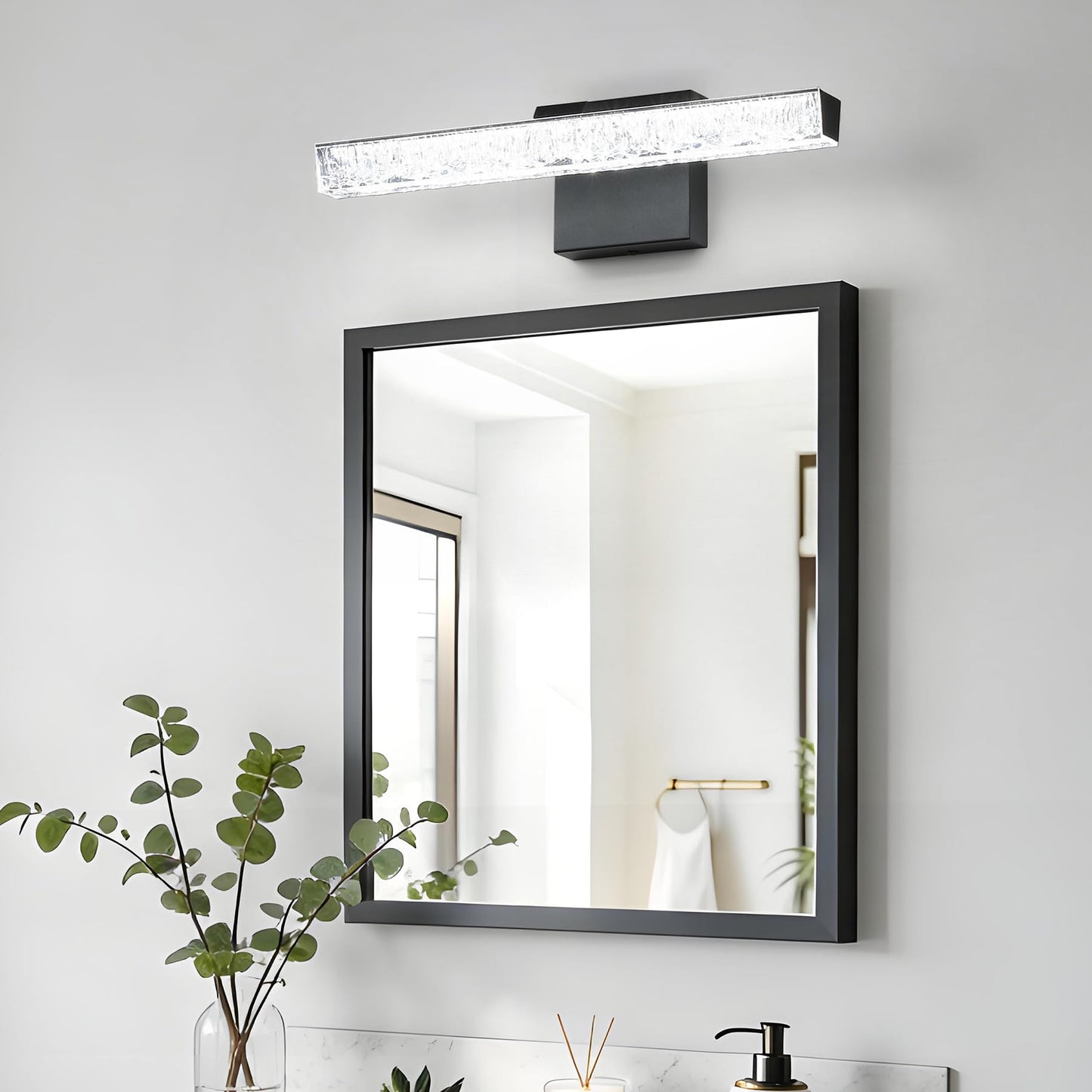 Bicrink Modern LED Bathroom Vanity Light Fixtures, 16-Inch Black Wall Sconce with Iceberg Crackle Acrylic, Linear Bathroom Lighting Over Mirror