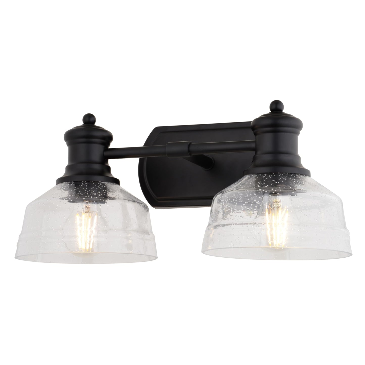 VAXCEL Beloit 2-Light 17 inch Wide Matte Black Farmhouse Bathroom Vanity Lighting Fixture, Clear Seeded Glass Shade, Dimmable, LED Compatible, Over