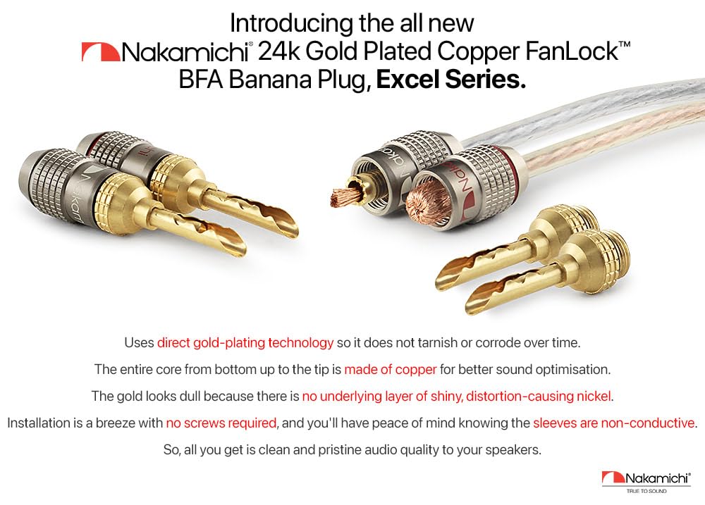 Nakamichi FanLock Excel Series 24k Gold Plated BFA Banana Plug 10 AWG - 18 AWG Gauge Size 4mm for Speakers Amplifier Hi-Fi Stereo Home Theatre Radio