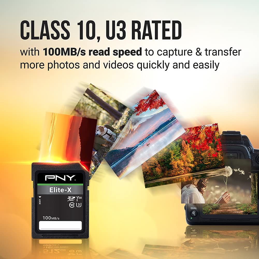 PNY 128GB Elite-X Class 10 U3 V30 SDXC Flash Memory Card - 100MB/s, 4K UHD, HD, UHS-I, Full Size SD (Pack of 2)