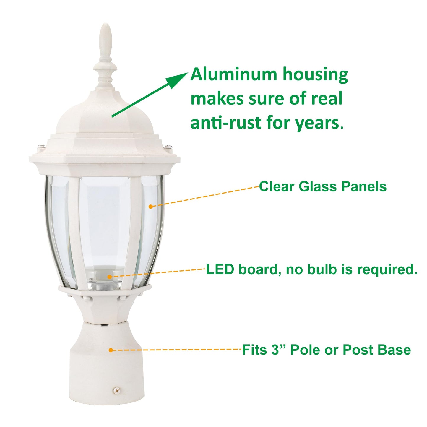 LIT-PaTH LED Outdoor Post Light, 15.6'' Aluminum Waterproof Pole Lantern, 5000K Daylight, 9.5W 800LM, Outside Lamp Post for Yard Driveway Patio, White