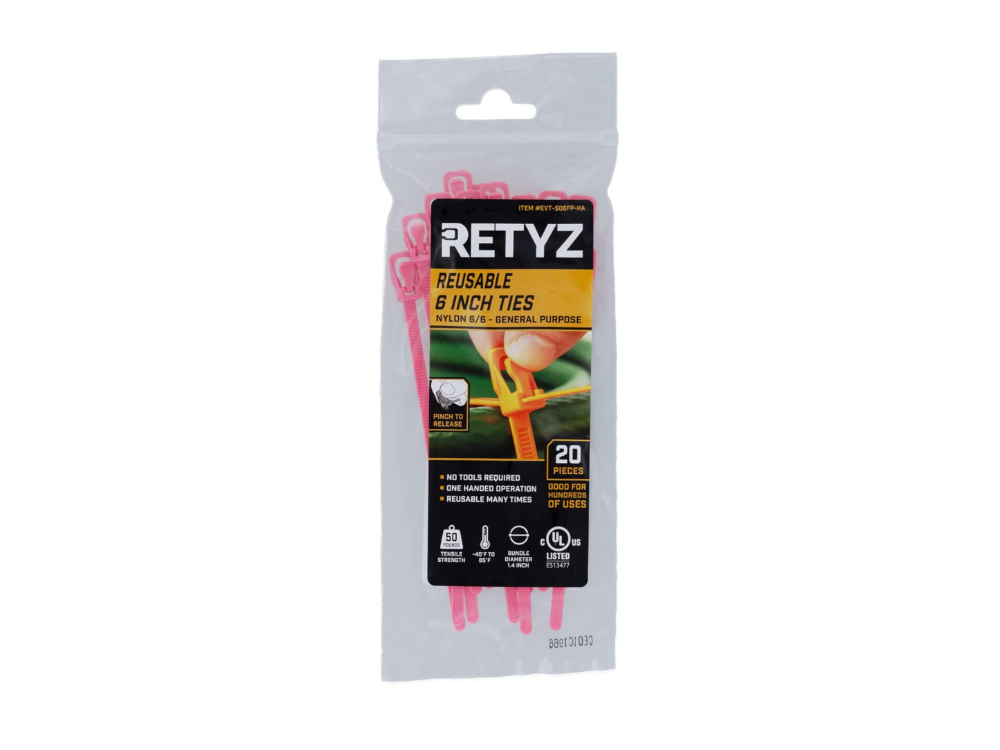 RETYZ 6-Inch Fluorescent Pink Reusable Releasable Cable Ties - 20 Pack, 50 lb Strength, Patented Quick-Release, Tool-Free Design for Home, Office,