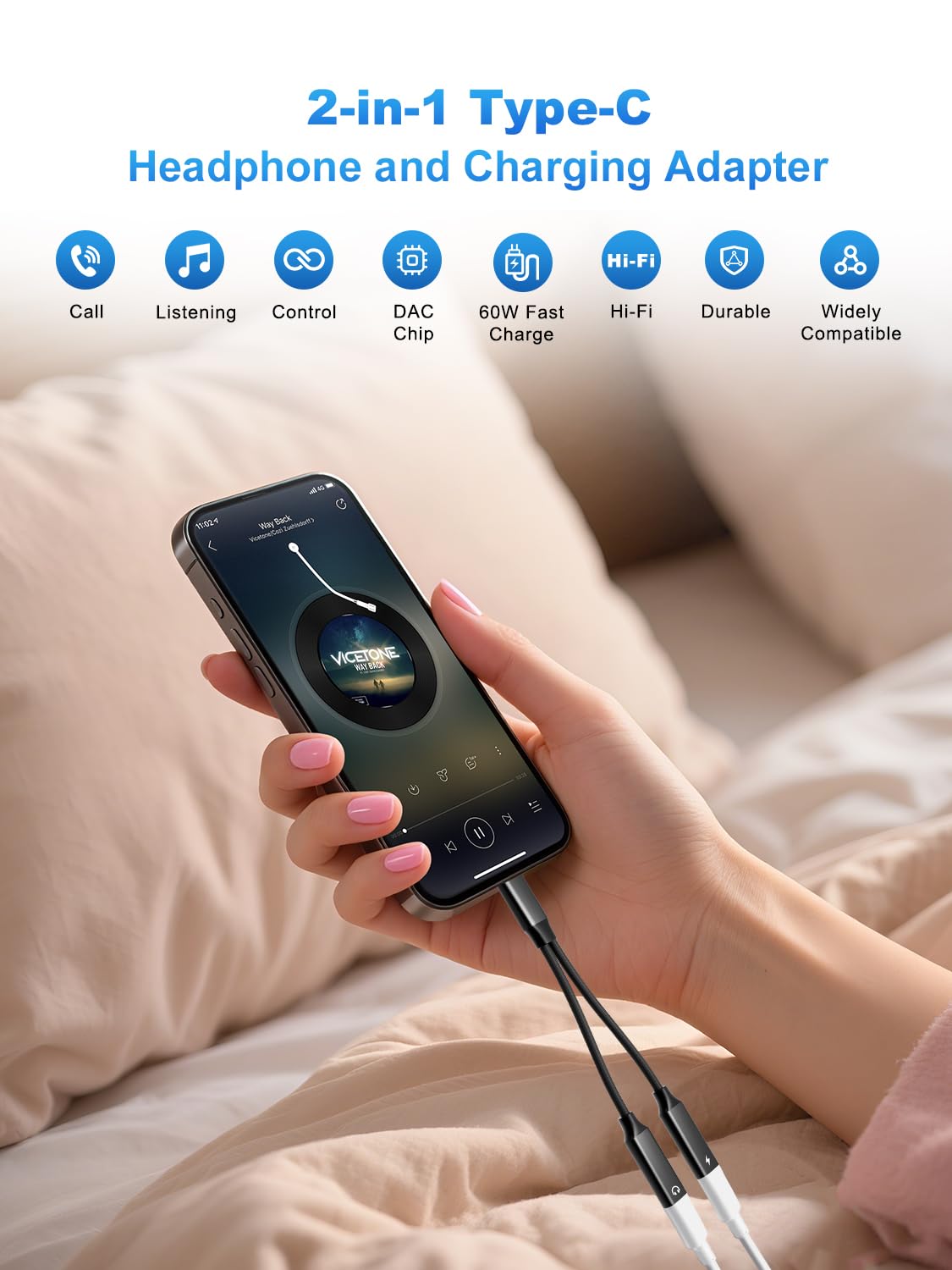 USB C Splitter 1 in 2 Out Dual USB C Type Headphone and Charger Audio Adapter, Hi-Fi Sound Quality Type C Headphone Adapter with PD 60W Fast Charging