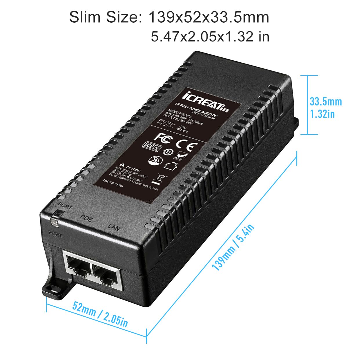 5G POE++ Injector 60W, IEEE 802.3bt/af/at, 5G/2.5Gbps/1Gigabit PoE+ Ethernet Adapter, Network a PoE Device up to 328ft, for High Power PTZ Camera
