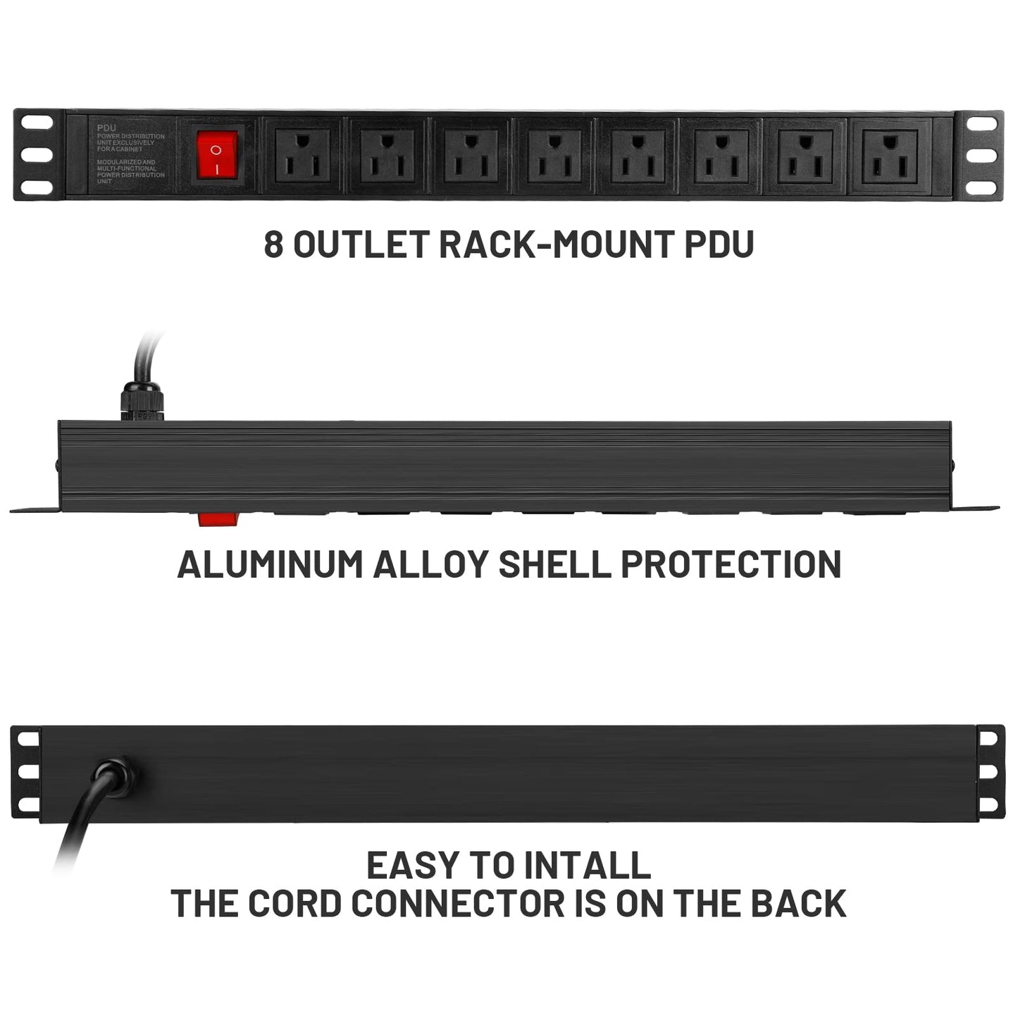 BTU Power Strip Surge Protector Rack-Mount PDU, 8 Right Angle Outlets Wide-Spaced, Mountable Power Strip Heavy Duty for Server Racks, Commercial