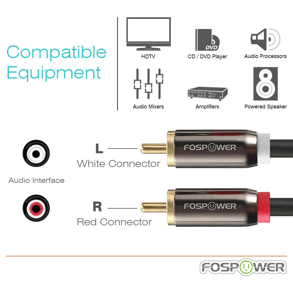 FosPower RCA Y-Adapter (6 Feet), 1 RCA Male to 2 RCA Male Y Splitter Digital Stereo Audio Cable for Subwoofer, Home Theater, Hi-Fi - Dual Shielded |