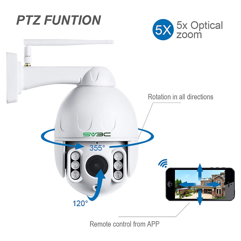 SV3C 1080P Outdoor PTZ WiFi Camera, ONVIF Security IP Camera with Auto Tracking, 197ft HD Night Vision, 5X Optical Zoom, Two-Way Audio, Waterproof