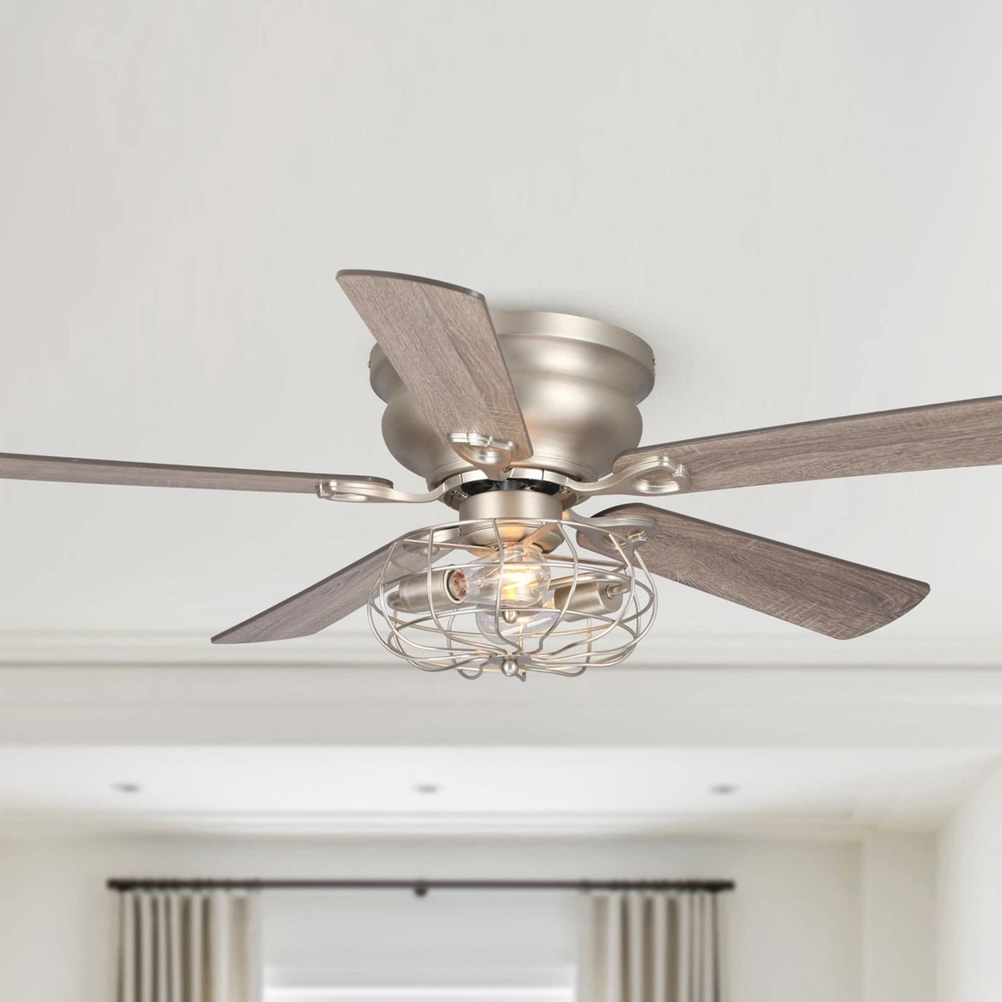 Unknown1 48" Wooden 5-Blade Low Profile Ceiling Fan with Remote Silver Industrial Mid-Century Modern Traditional Metal Wood Nickel Blades Included