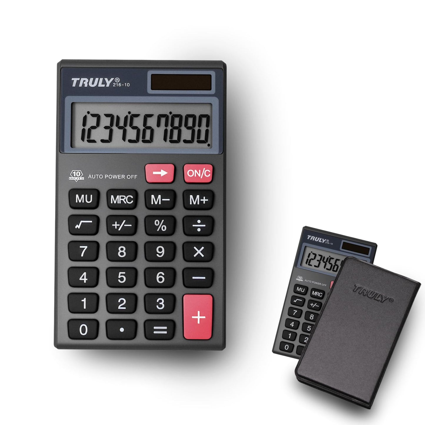 TRULY Pocket Calculator, 10-Digit Solar Calculator with Dual Power, Big Buttons, Auto Power Off, Compact Mini Calculator with PU Leather Case