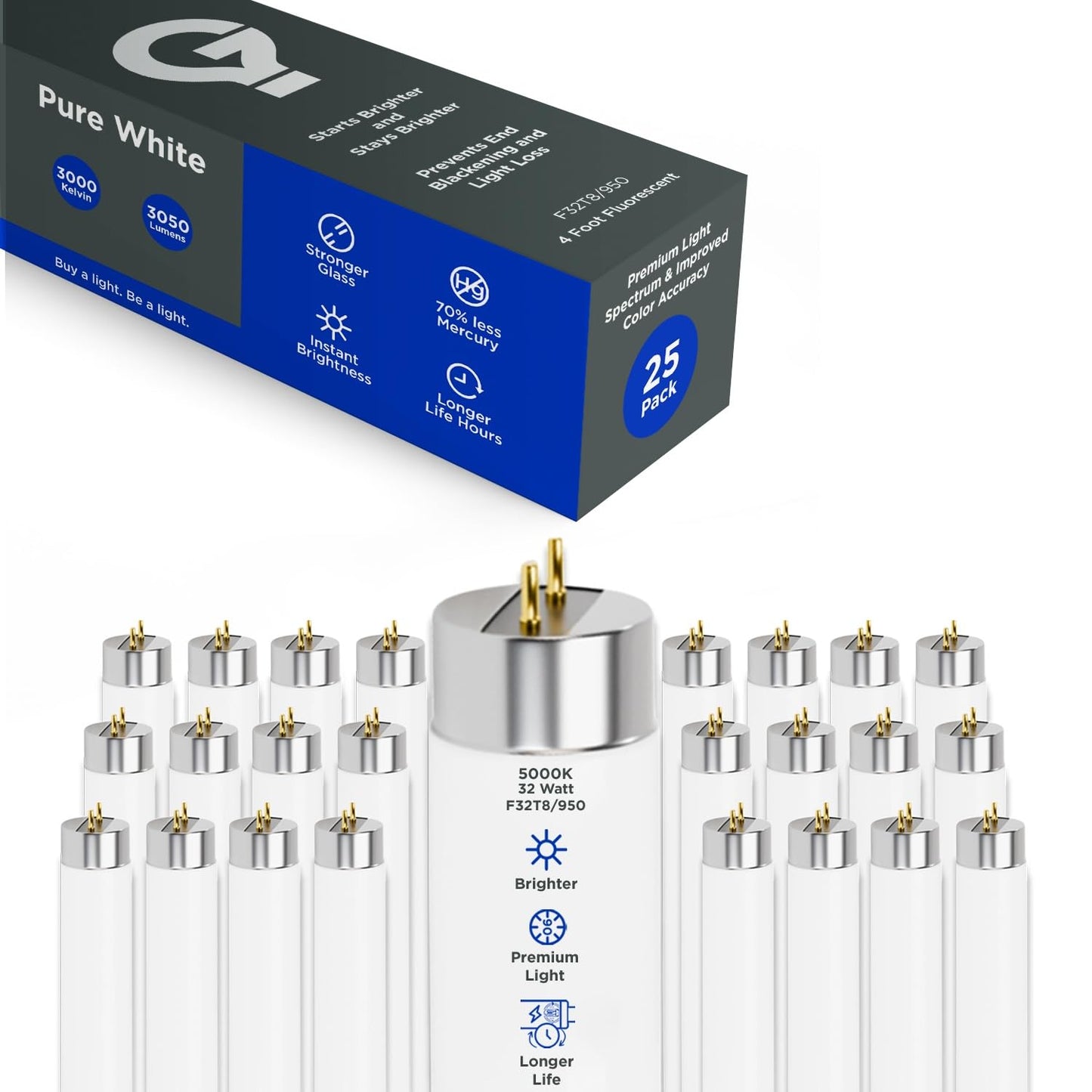 GoodBulb 32-Watt 48 Inch T8 Fluorescent Light Bulb 5000K Daylight White Light Color Medium Bi-Pin Base 3050 Lumens 86 CRI 24000 Life Hours