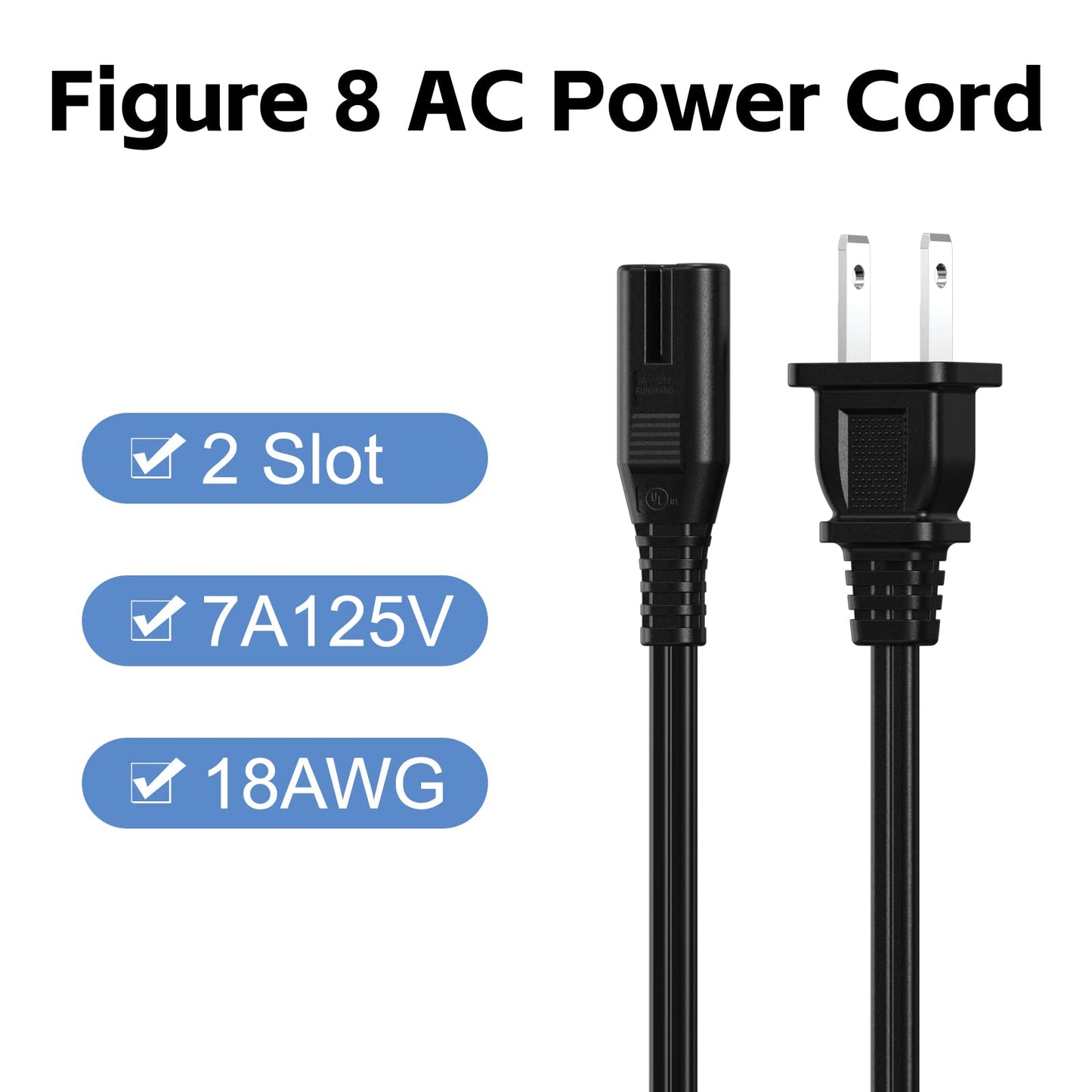 AC Power Cord 6FT (1 Pack), 2 Prong TV Power Cord, Power Supply Cable Replacement for Xbox One, Xbox Series X, PS3, PS4, PS5, Compatible for Printer