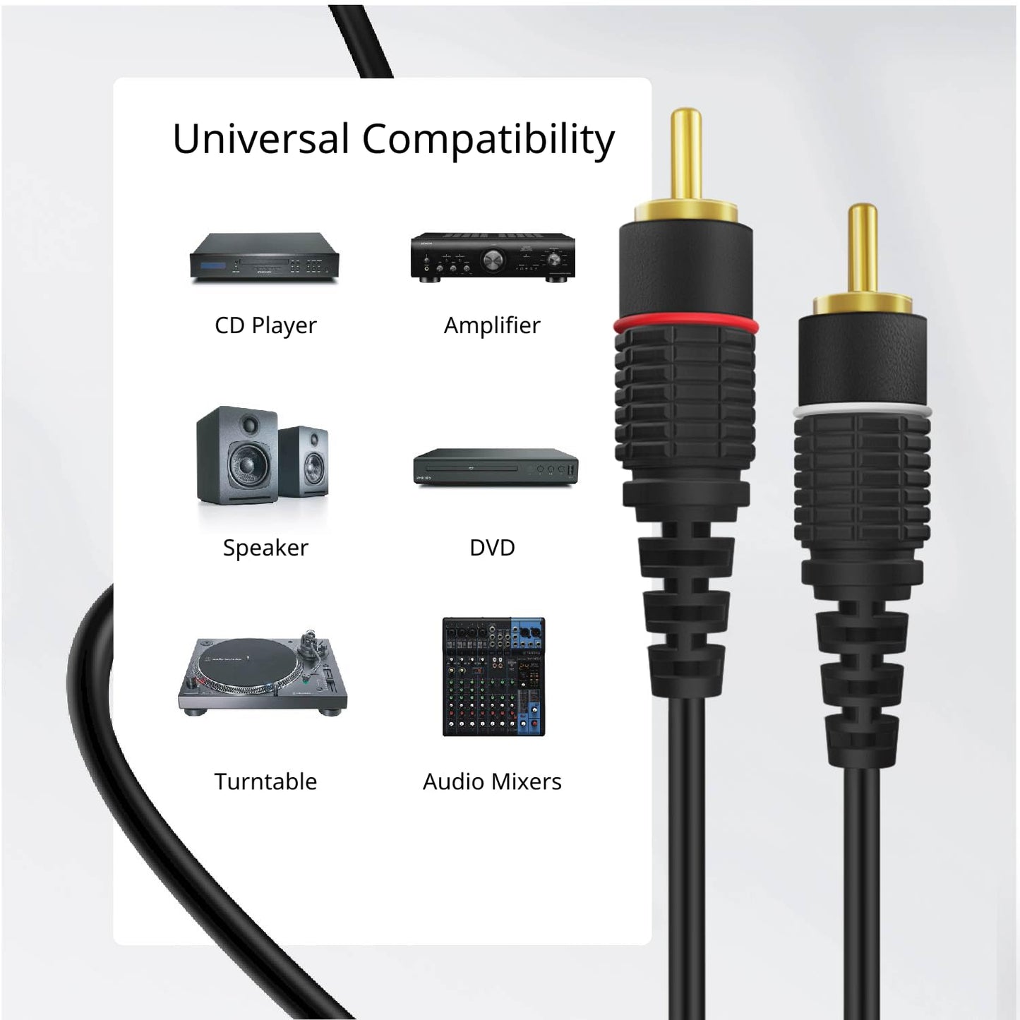 TNP RCA Cable 50ft - Gold Plated 2 RCA Male to Male HiFi Stereo Cable - Red White Audio Cord Dual Shielded for Amplifier, Car Audio, Home Theater