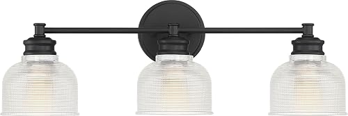 Meridian M80035MBK Traditional Farmhouse Clear Halophane Glass Bathroom Vanity Wall Light, 3-Light 180 Total Watts, 9" H x 24" W, Matte Black