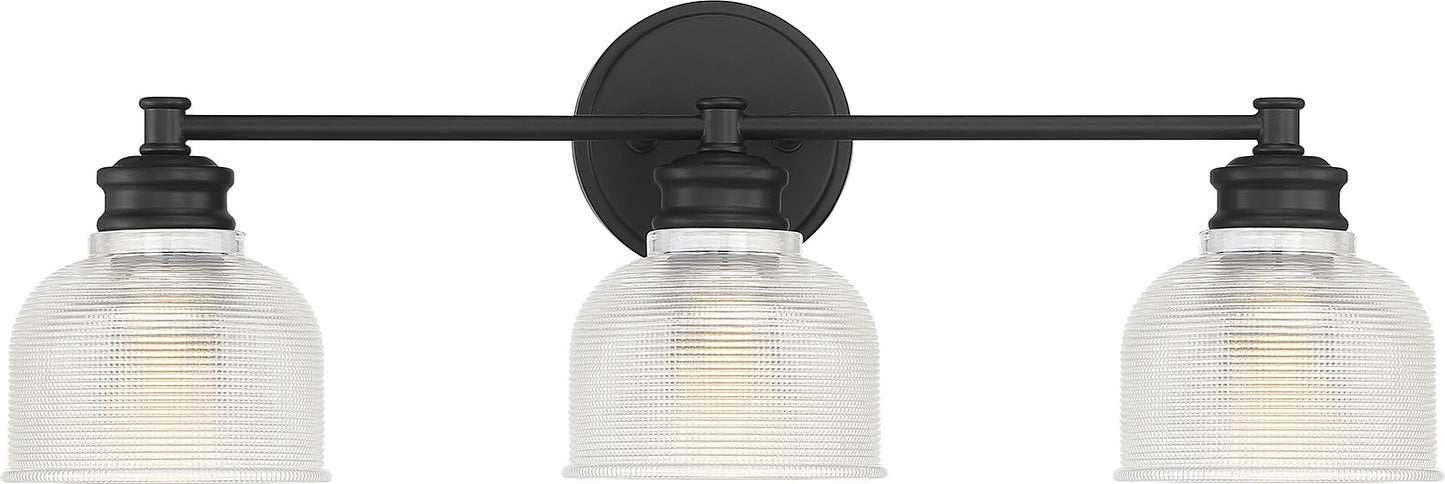Meridian M80035MBK Traditional Farmhouse Clear Halophane Glass Bathroom Vanity Wall Light, 3-Light 180 Total Watts, 9" H x 24" W, Matte Black