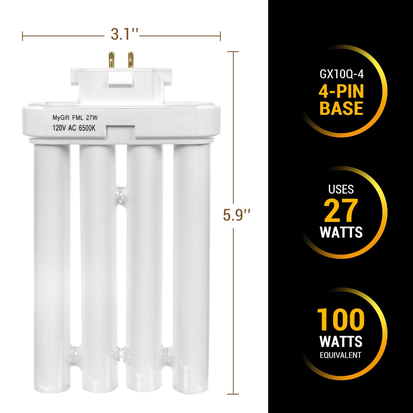 MyGift Fluorescent Light Bulb 4 Pin 6500K 27 Watt with Quad Tubes GX10Q-4 Base, Replacement Bulb for Light of America Lamps