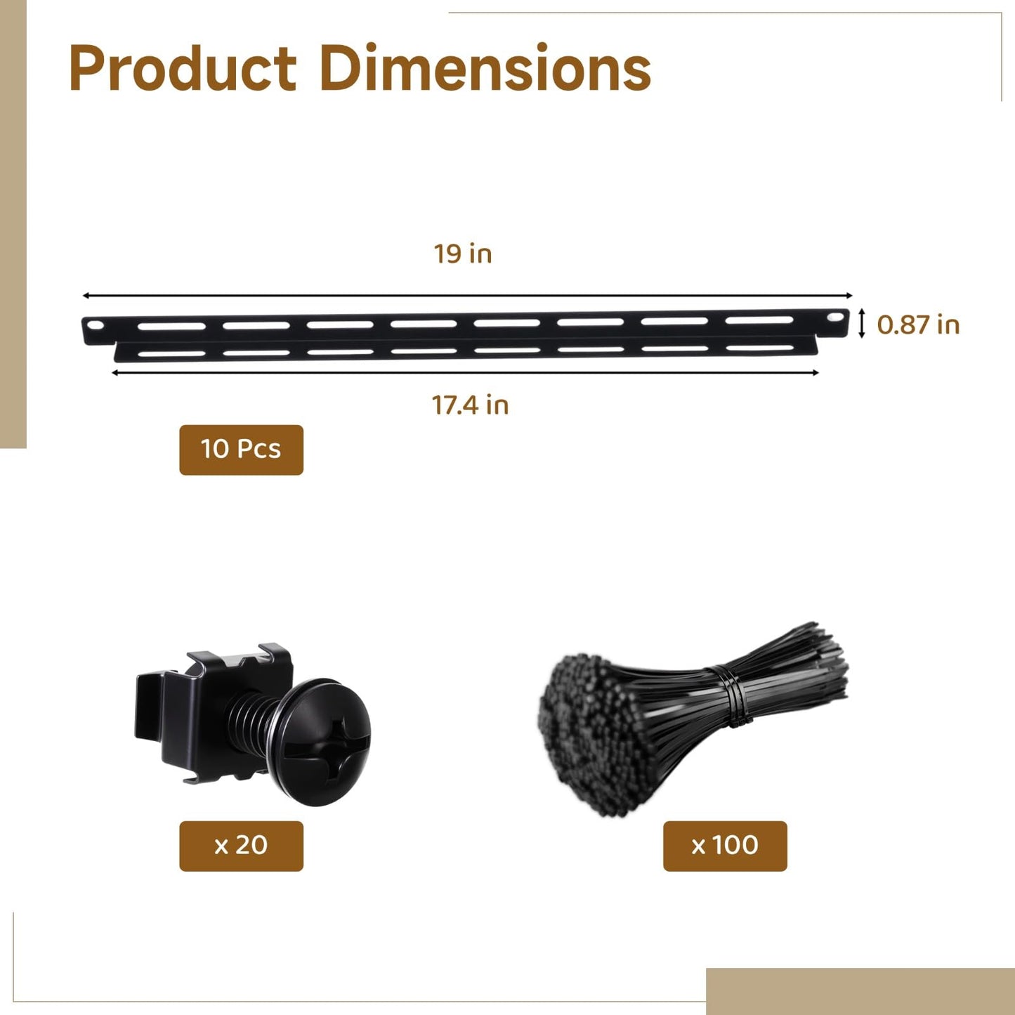 10 Pcs 19 in Rack Cable Management Kit, Including 0.5U L-Shaped Tie Bars, 20 Cabinet Screws, 100 Cable Ties, Sturdy Metal with Black Coating